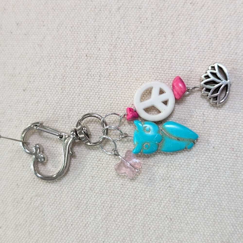 Bohemian Silver and howlite Owl, Peace Sign, Lotus Flower And Butterfly Keychain